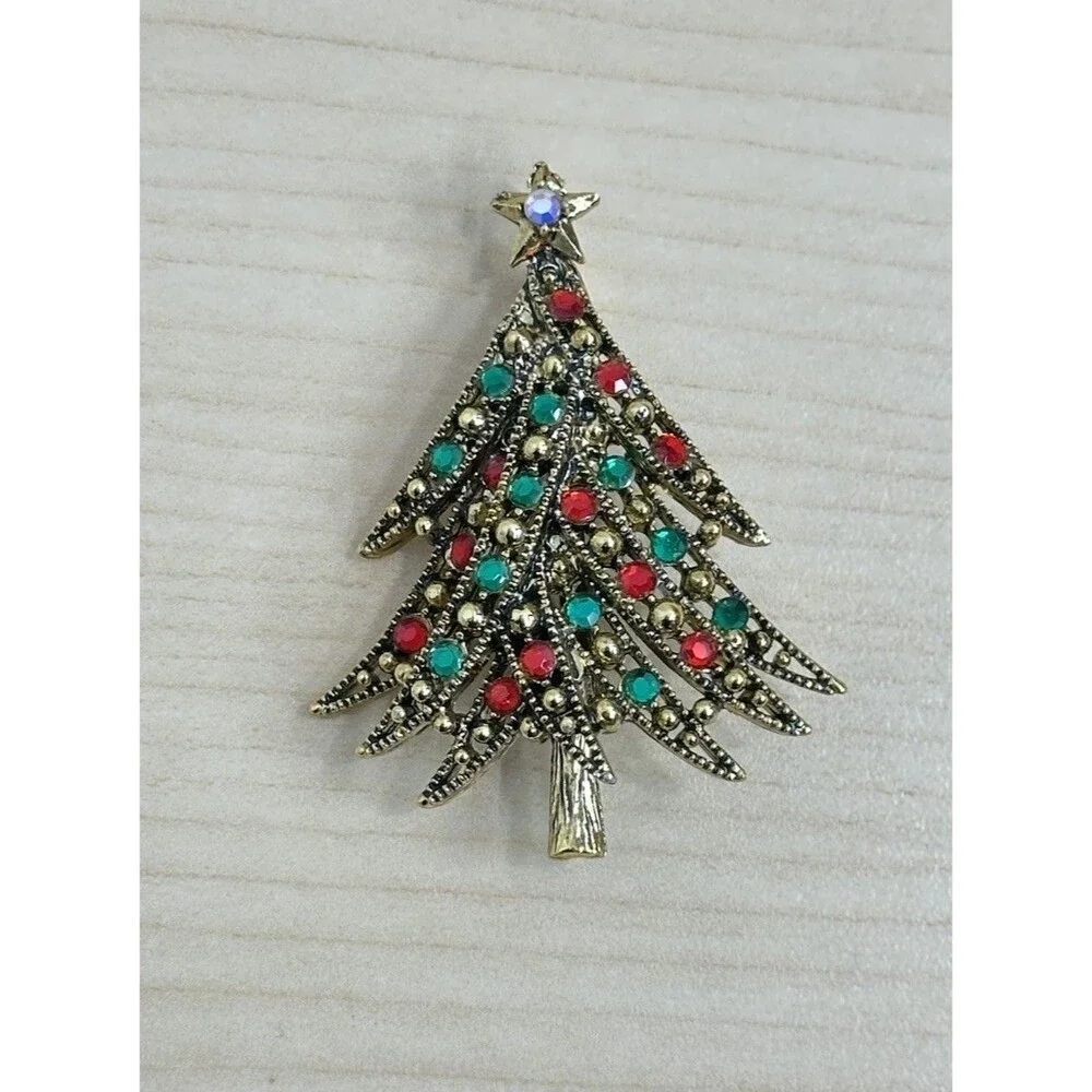 Vtg Hollycraft Christmas Tree Pin Brooch Multi Color Rhinestone Designer Signed
